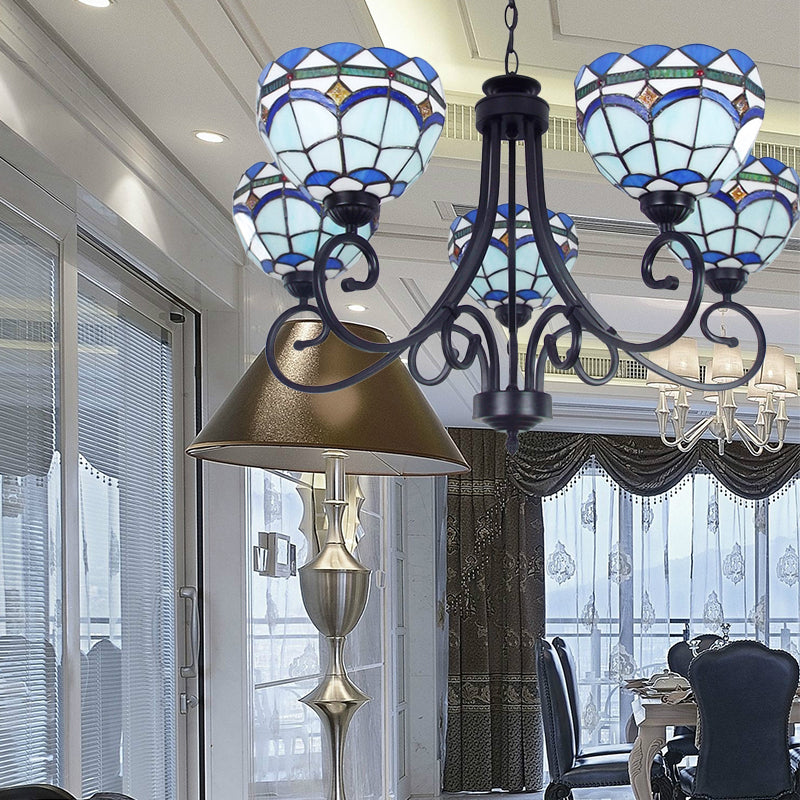 Iluminación colgante de tazón mediterráneo 5 luces de vidrio manchado de vidrio colgante de techo en azul