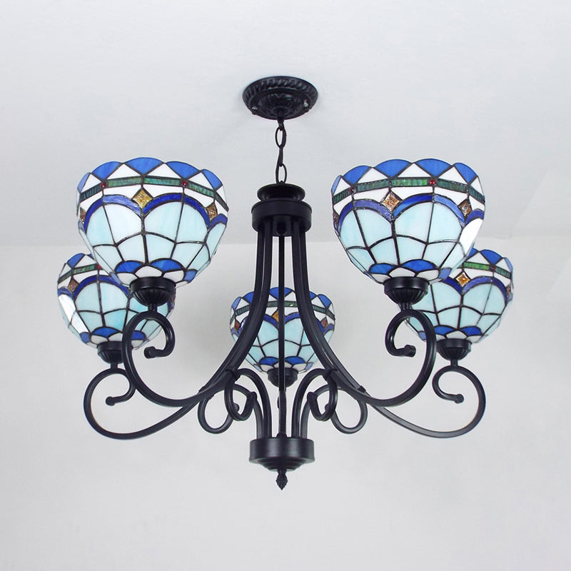 Illuminazione a sospensione ciotola mediterranea 5 luci macchiate di vetro appendere il soffitto in blu