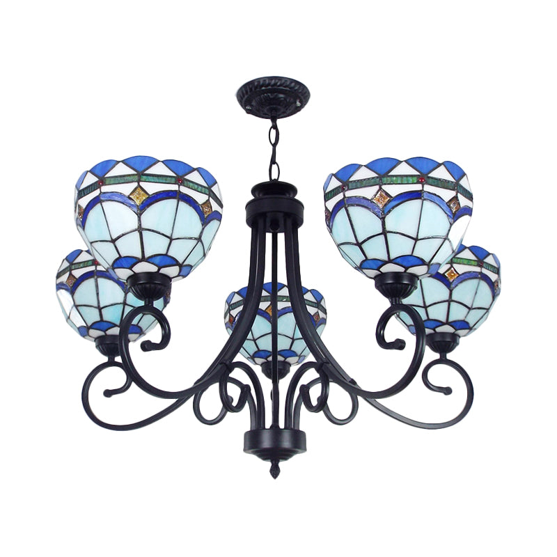 Iluminación colgante de tazón mediterráneo 5 luces de vidrio manchado de vidrio colgante de techo en azul