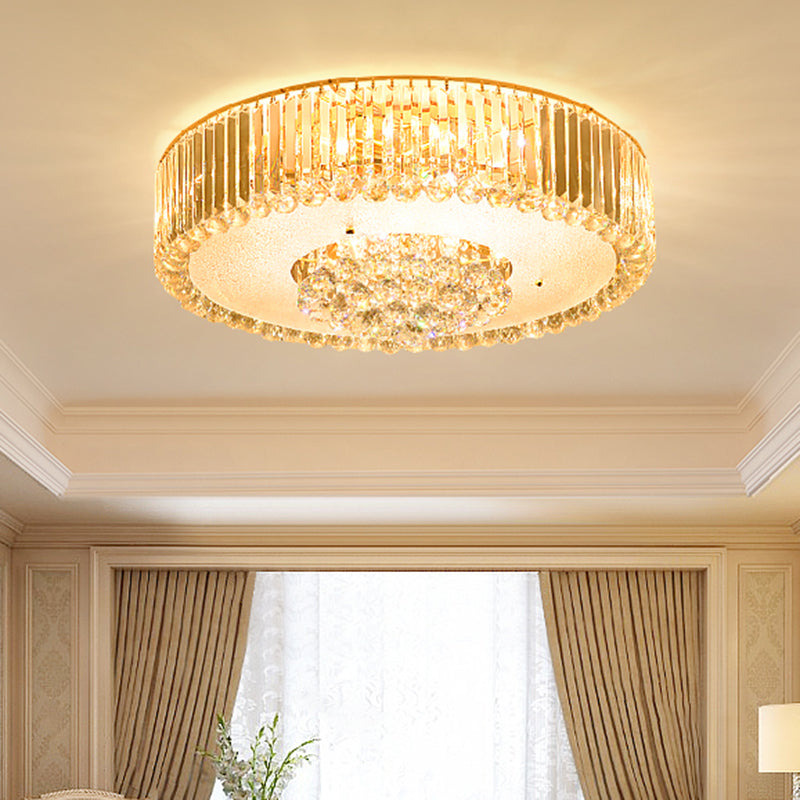 Drum Faceted Crystal Flush Mount Lamp Minimal LED Gold Close to Ceiling Lighting for Bedroom