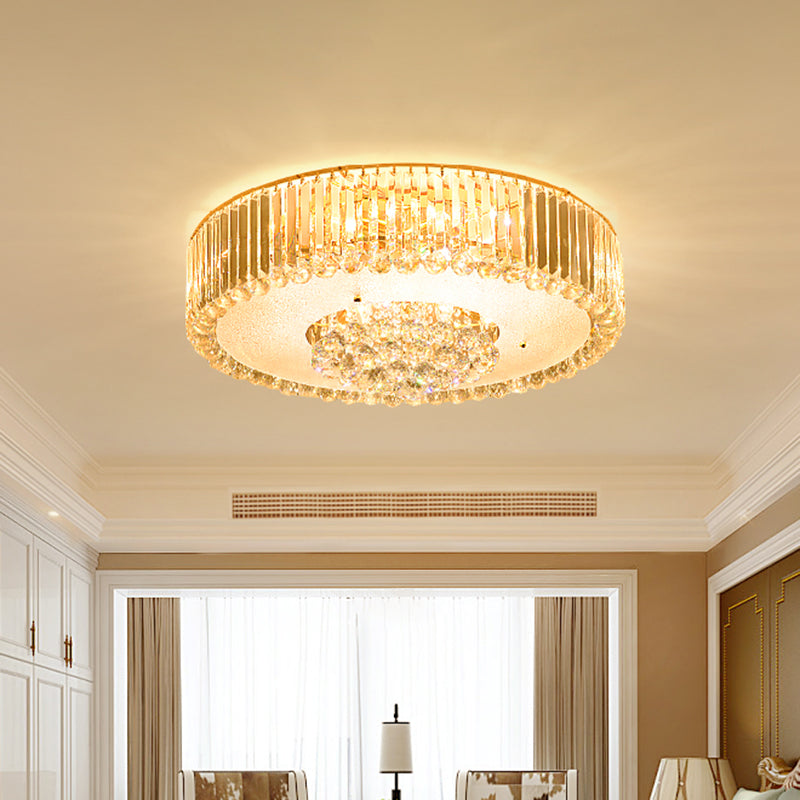 Drum Faceted Crystal Flush Mount Lamp Minimal LED Gold Close to Ceiling Lighting for Bedroom