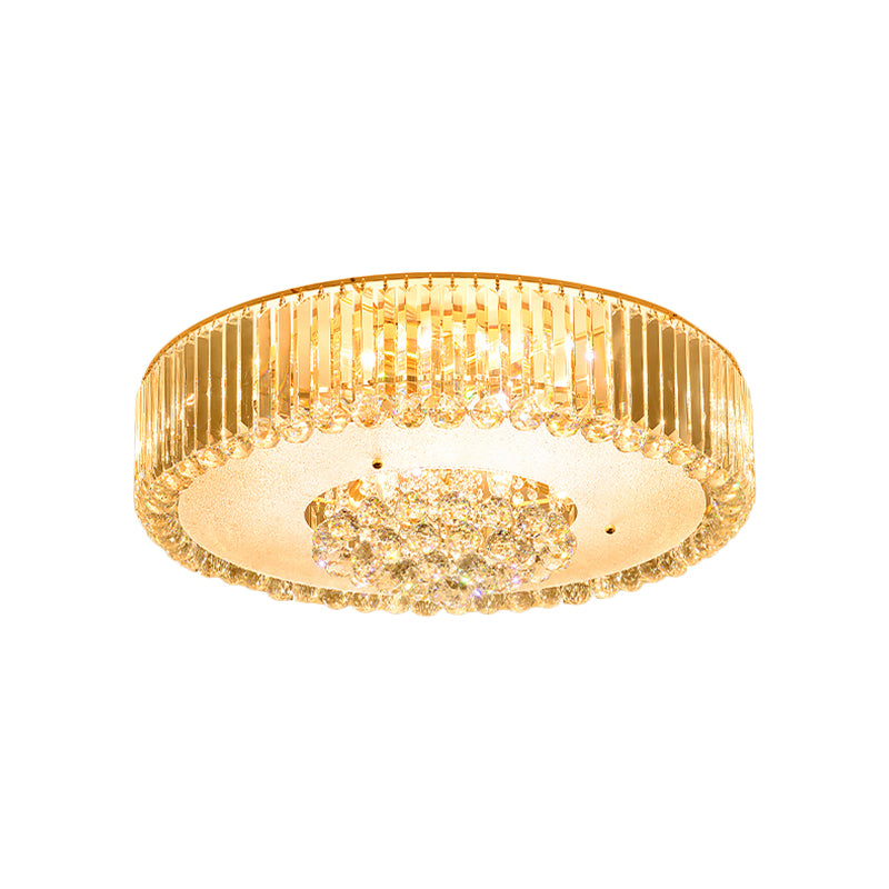 Drum Faceted Crystal Flush Mount Lamp Minimal LED Gold Close to Ceiling Lighting for Bedroom