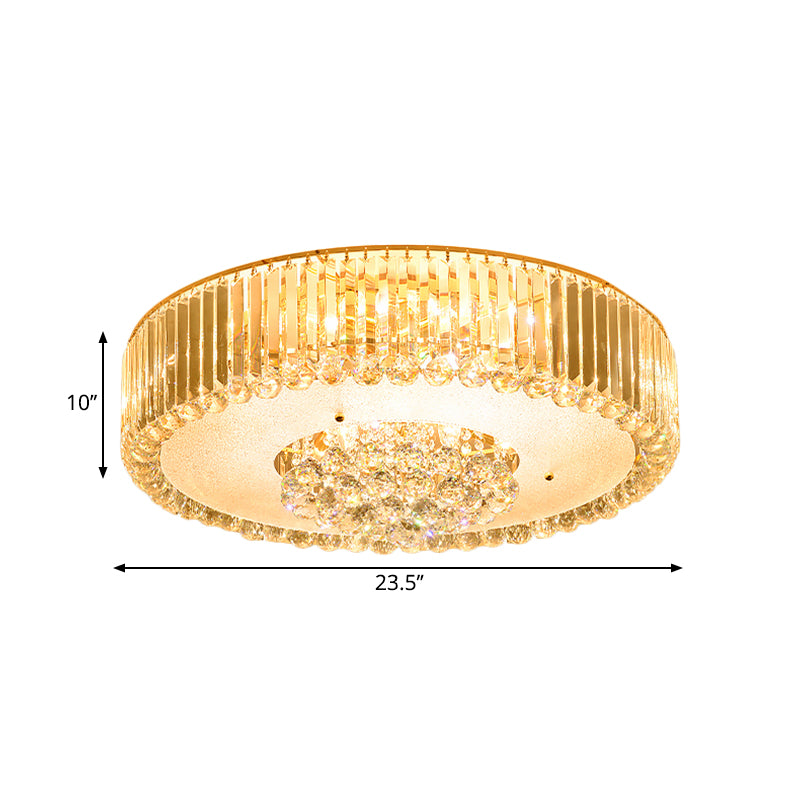 Drum Faceted Crystal Flush Mount Lamp Minimal LED Gold Close to Ceiling Lighting for Bedroom