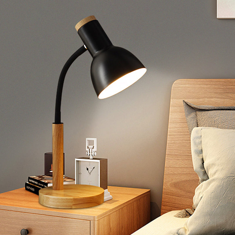 Metal Domed Night Table Lamp Simple 1 Bulb Black/White/Yellow Flexible Nightstand Light with Wood Round Base