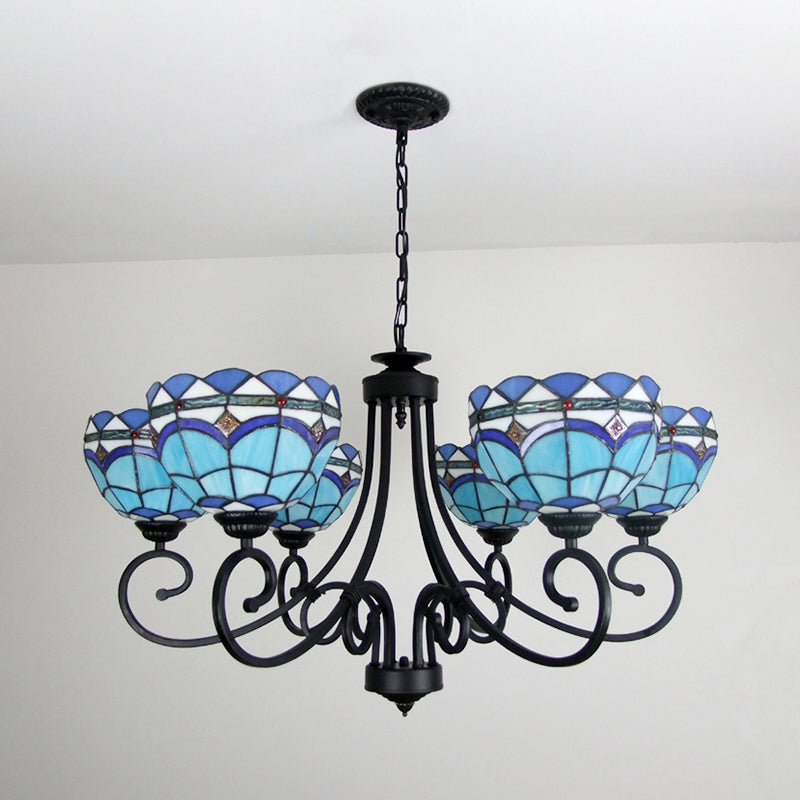 Blue Glass Bowl Chandelier 6 Lights Baroque Pendant Light with Metal Chain for Living Room
