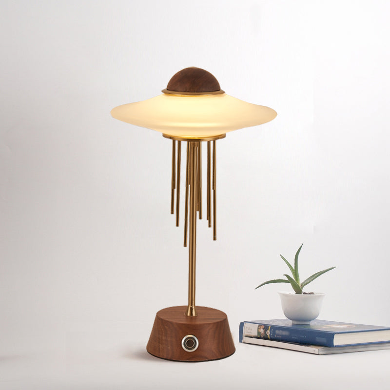 Tubular Desk Lamp Contemporary Metal LED Bedroom Table Lighting in Brown with UFO Frosted Glass Shade