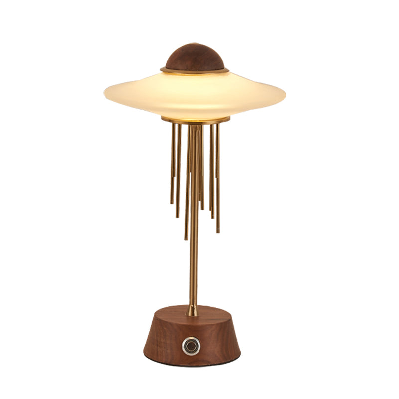 Tubular Desk Lamp Contemporary Metal LED Bedroom Table Lighting in Brown with UFO Frosted Glass Shade