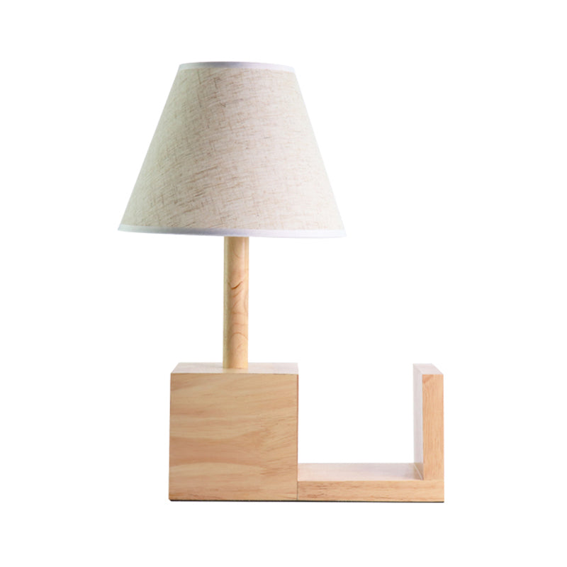 Tapered Fabric Night Table Light Contemporary 1 Head White Desk Lighting with Wood Shelf Base