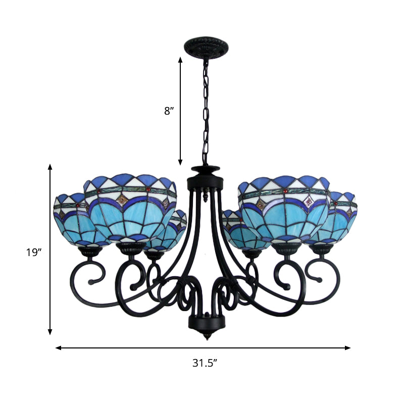 Blue Glass Bowl Chandelier 6 Lights Baroque Pendant Light with Metal Chain for Living Room