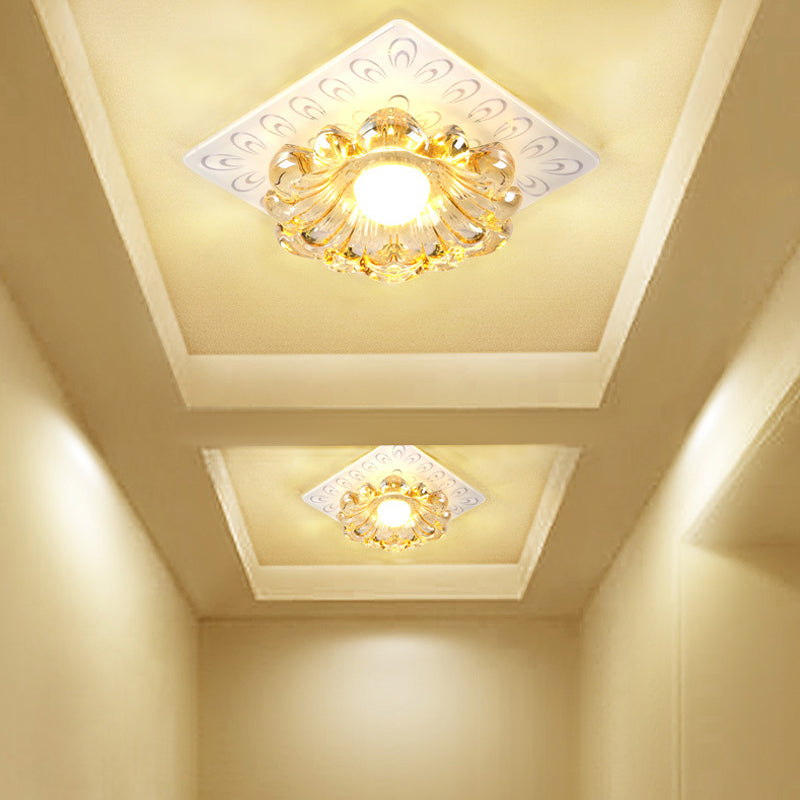 Simplicity LED Ceiling Light White Round/Square Flushmount with Flower Crystal Shade in Warm/White Light