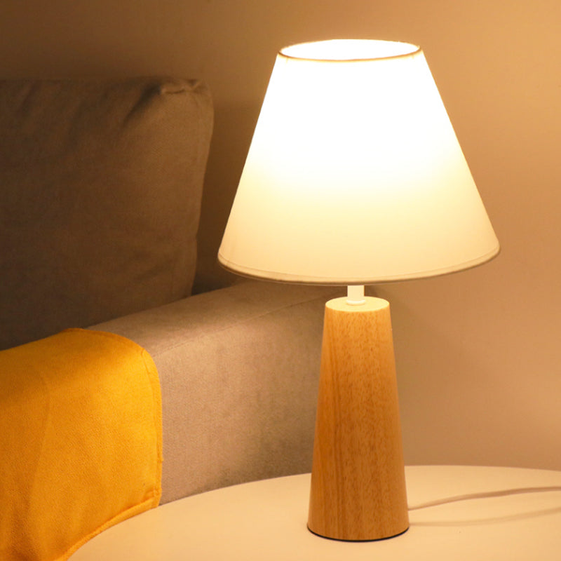 1 Light Bedroom Night Lamp Modern Style Wood Table Light with Conical Fabric Shade