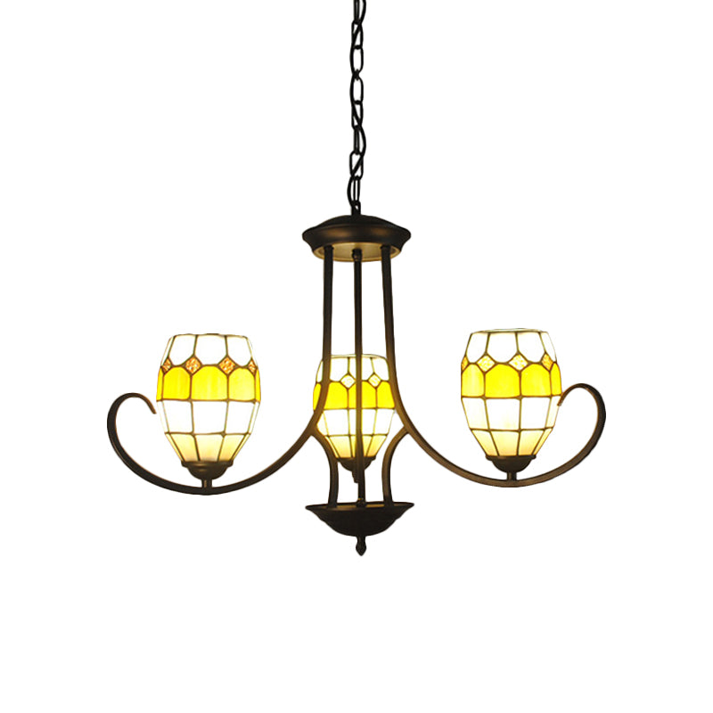 3 luces Luz de vidrieras colgantes ovaladas Ligera de lámpara Tiffany en amarillo para dormitorio