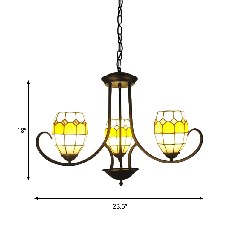 3 Lights Oval Pendant Light Stained Glass Tiffany Chandelier Lighting in Yellow for Bedroom