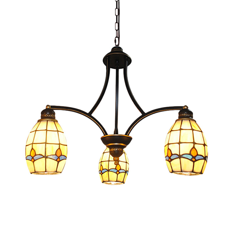 Chandelier suspendu magnolia avec une nuance en verre ovale 3 lumières pendantes rustiques éclairage en beige