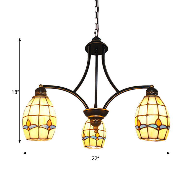 Chandelier suspendu magnolia avec une nuance en verre ovale 3 lumières pendantes rustiques éclairage en beige