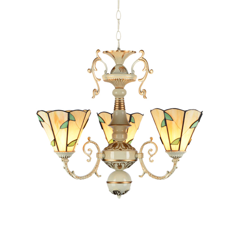 Beige Glassblatt Pendelleuchte traditionelle 3 Lichter Foyer Kronleuchterleuchte mit verstellbarer Kette