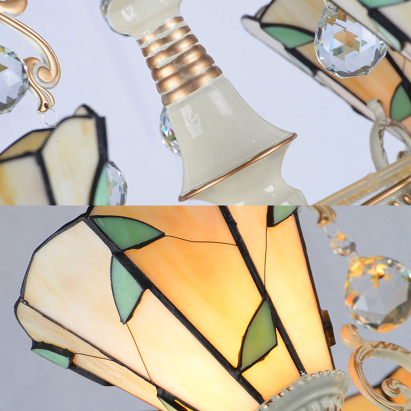 5 Lights Cone Ceiling Chandelier Stained Glass Tiffany Suspension Light with Leaf Pattern in Beige