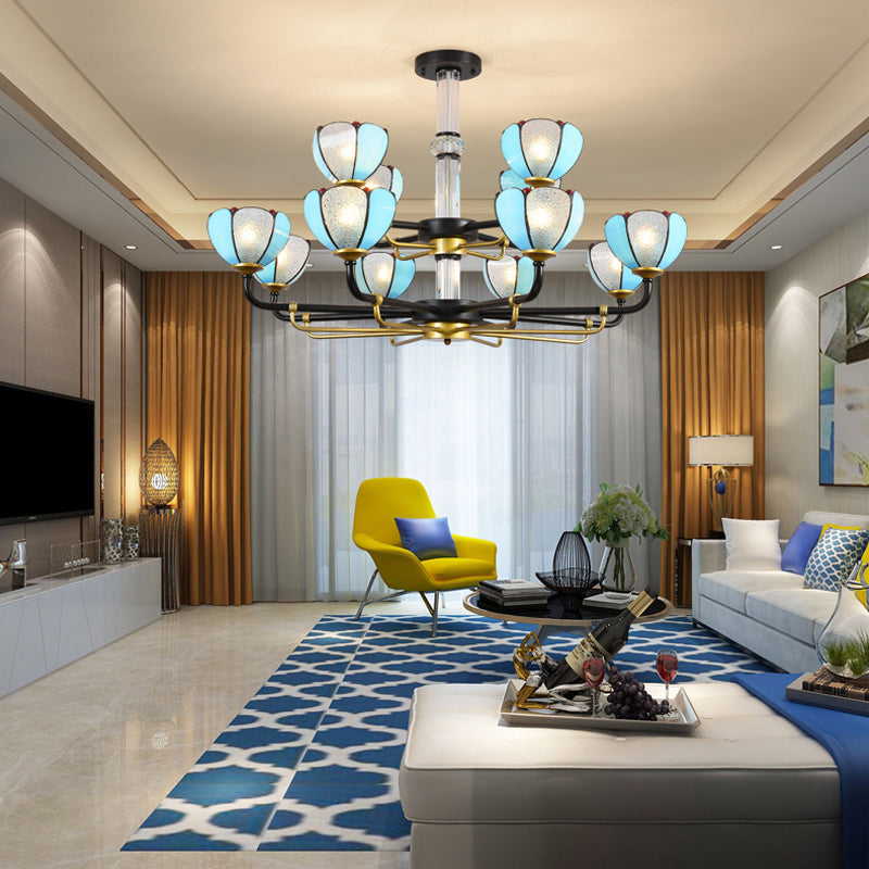 Candelera de múltiples luces de luz con vidrio azul y joyería Luz de colgante vintage para sala de estar