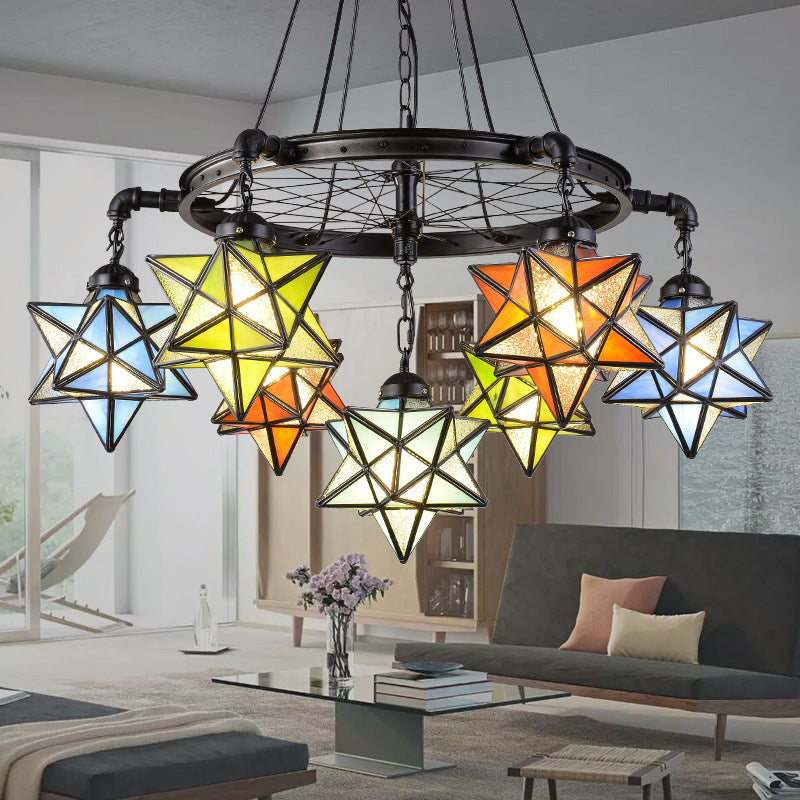Tiffany Rustic Star Chandelier with Black Wheel 7 Lights Stained Glass Drop Ceiling Light for Library
