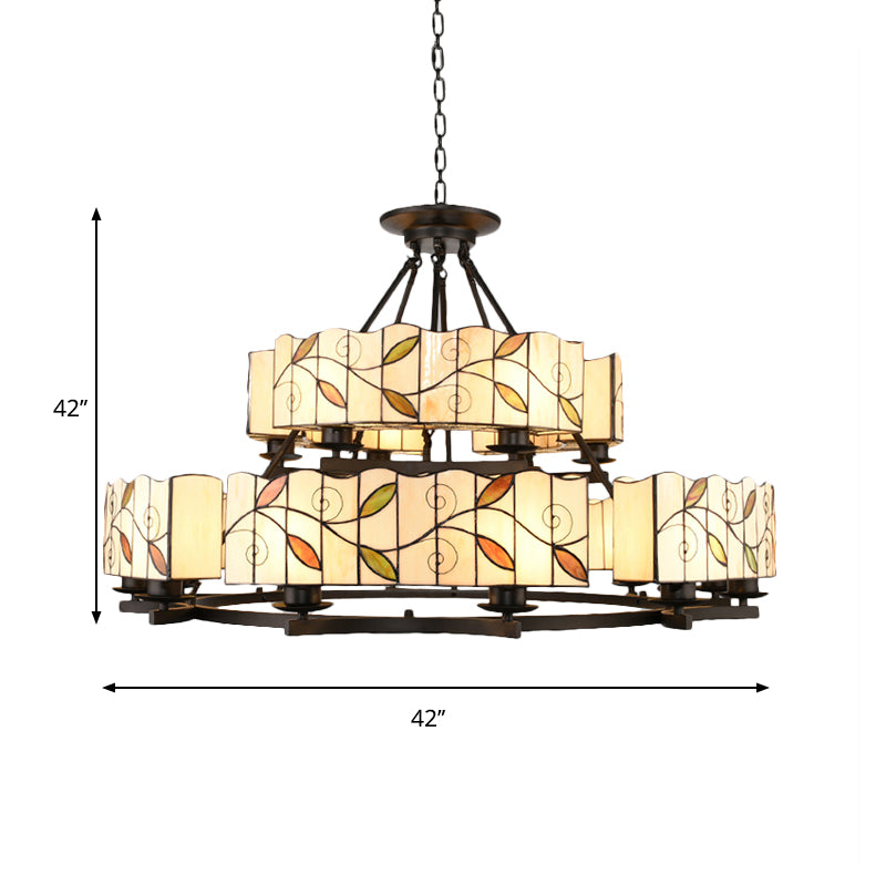 2 Ebenen Blatthängung Licht mit Metallkettenbuntglas traditioneller Kronleuchter in schwarzem Finish