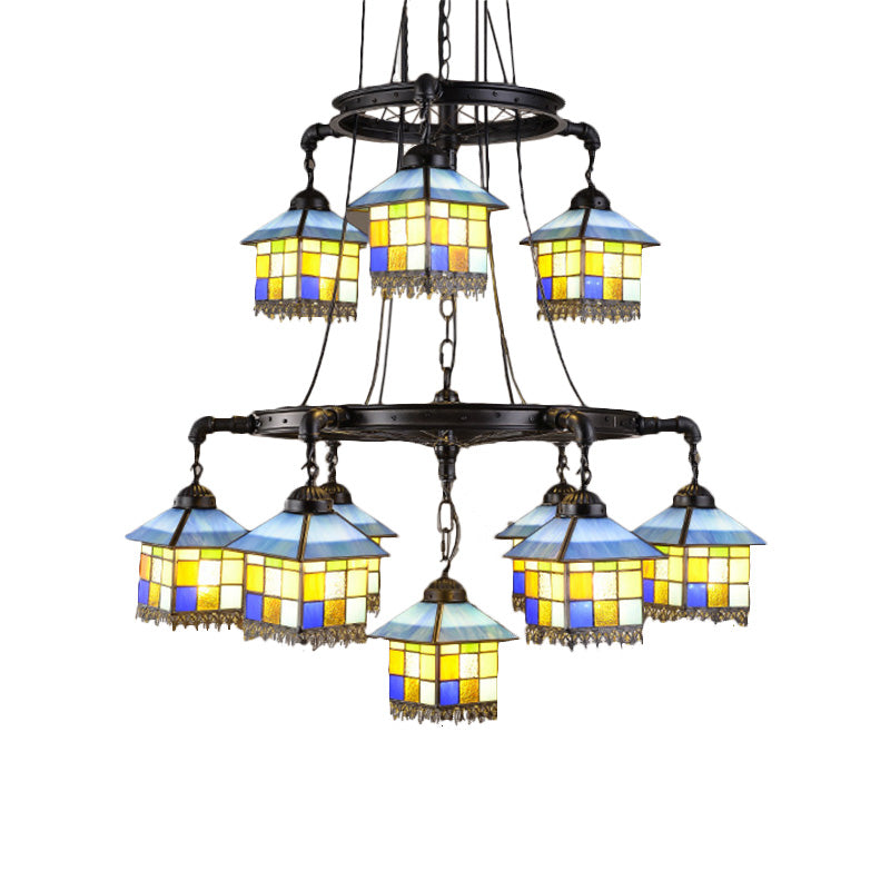 Buntglas House Suspension Light Lodge Style 2 Tiers Kronleuchter in Schwarz für Wohnzimmer