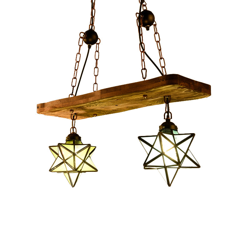 2/3 Lights Rustic Star Chandelier Lamp with Wooden Board Colorful Glass Indoor Pendant Light for Kitchen