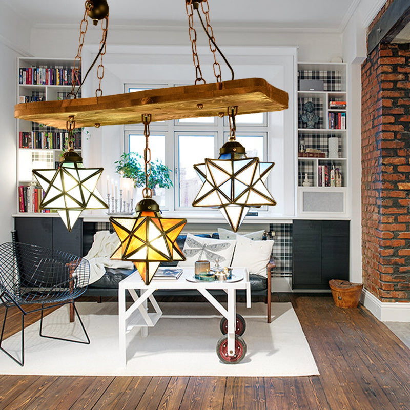 2/3 Lights Rustic Star Chandelier Lamp with Wooden Board Colorful Glass Indoor Pendant Light for Kitchen