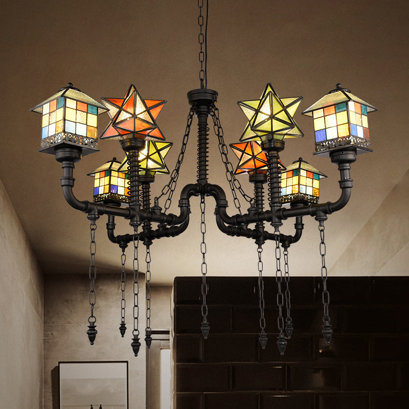 Stained Glass Chandelier with House and Star Rustic Antique Hanging Ceiling Light for Living Room