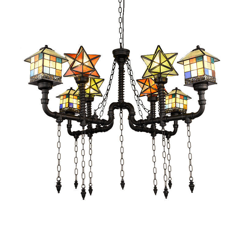 Stained Glass Chandelier with House and Star Rustic Antique Hanging Ceiling Light for Living Room