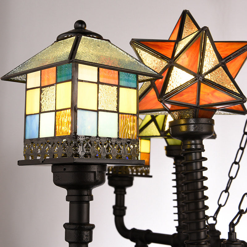Lampadario in vetro colorato con casa e stella rustica antica sospeso di luce per soggiorno