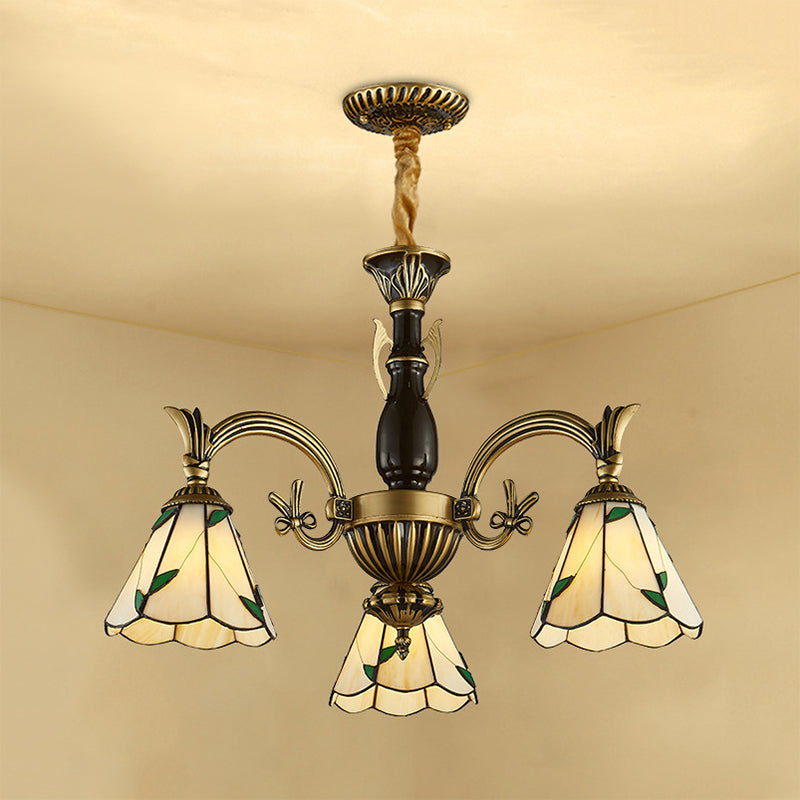 Chandelier de salle à manger avec nuance à cône en verre beige réglable 3 lumières suspendues rustiques