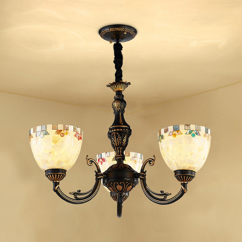 3 Lights Bowl Chandelier Light Beige Glass Traditional Pendant Lighting for Dining Room