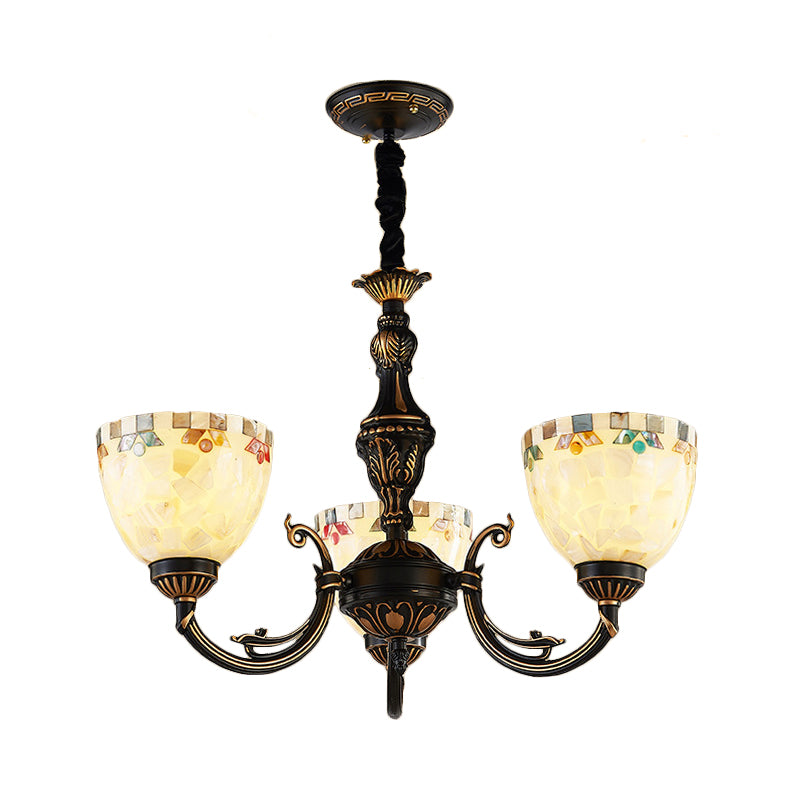 3 Lights Bowl Chandelier Light Beige Glass Traditional Pendant Lighting for Dining Room