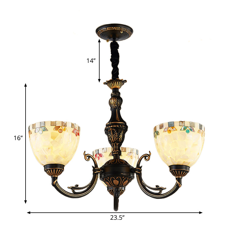 3 Lights Bowl Chandelier Light Beige Glass Traditional Pendant Lighting for Dining Room