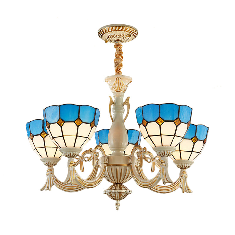 5 Lights Bowl Chandelier Light in Blue Mediterranean Glass Pendant Light for Hall