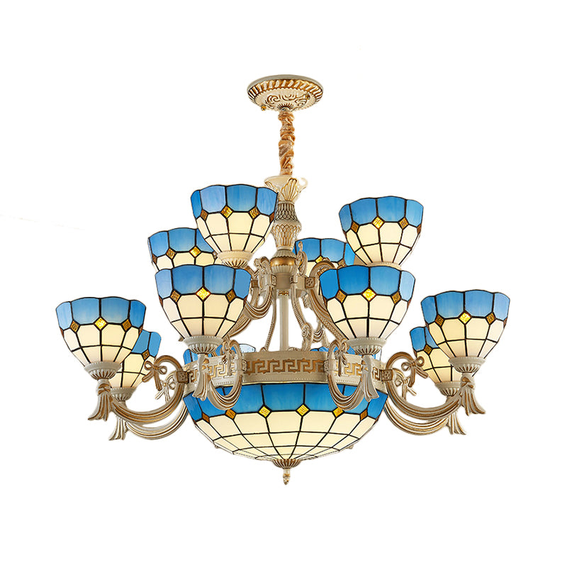 Tiered Ceiling Chandelier Tiffany Stained Glass 15 Lights Blue Hanging Light for Living Room with Curved Arm