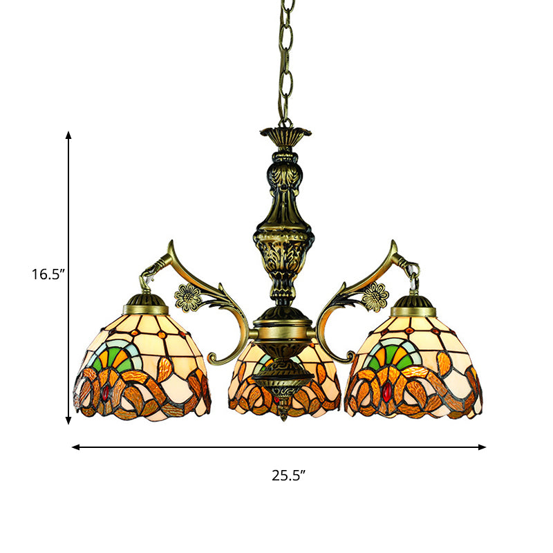Lampada a ciondolo a cupola in vetro colorato in stile barocco a 3 luci appeso alla luce in ottone antico