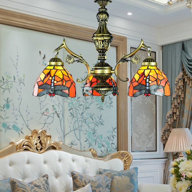 Lodge libellule plafond pendentif 3 lumières en lustre en vitrail lumière pour salle à manger