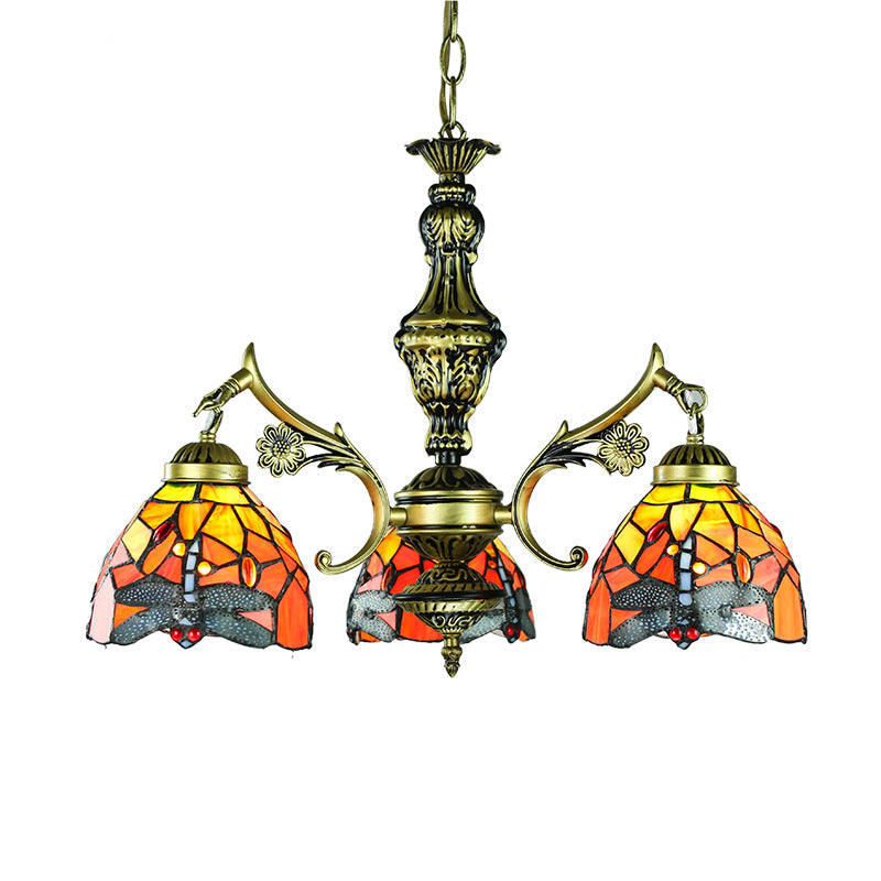Lodge Dragonfly Ceiling Pendant 3 Lights Stained Glass Chandelier Light for Dining Room