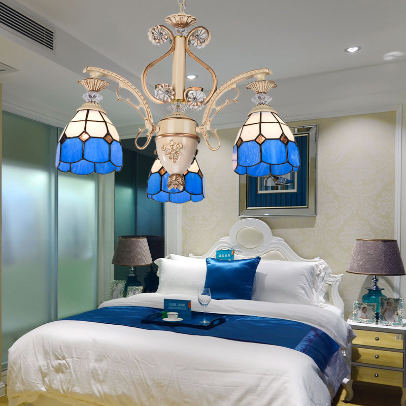 Araña de cúpula de vidrio azul con cadena ajustable 3 luces iluminación colgante para vestíbulo