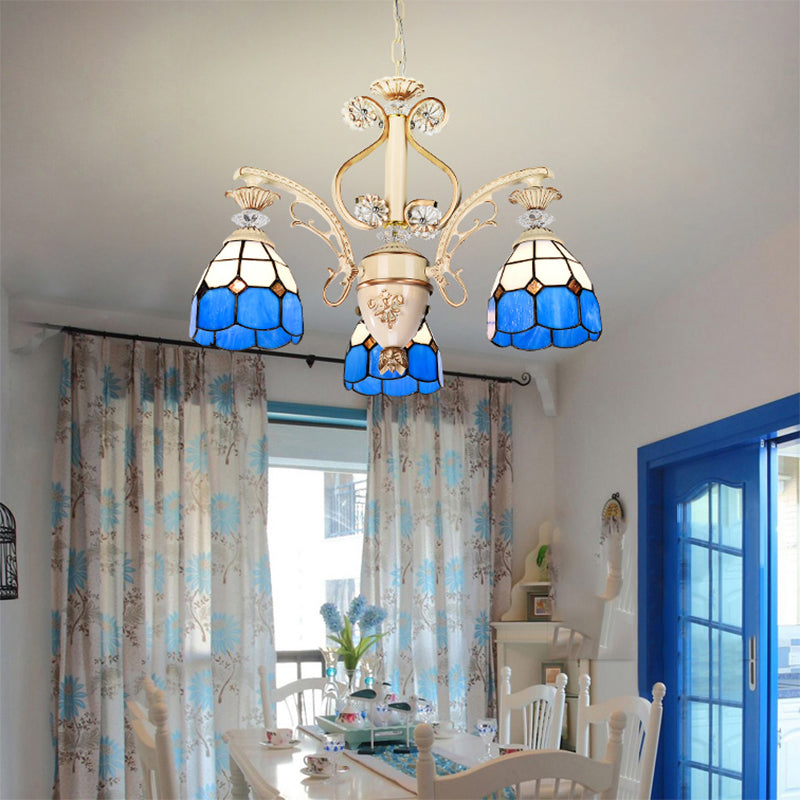 Lampadella a cupola di vetro blu con illuminazione a sospensione a 3 luci a catena regolabile per foyer