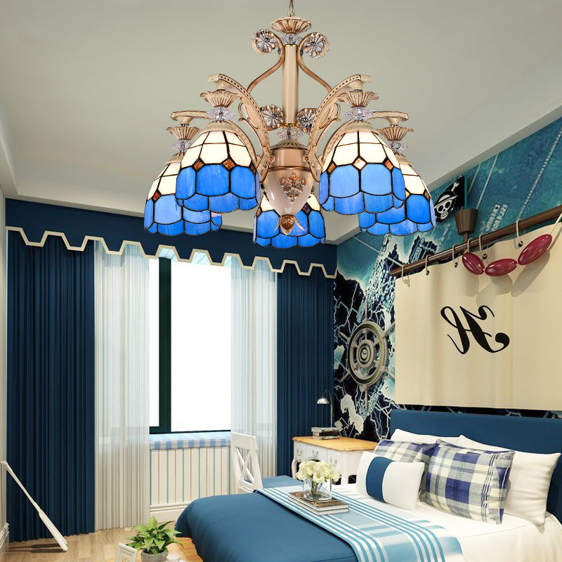 Luz colgante de interior mediterráneo con tono de cúpula vidrantada 5 luces lámparas de araña en azul