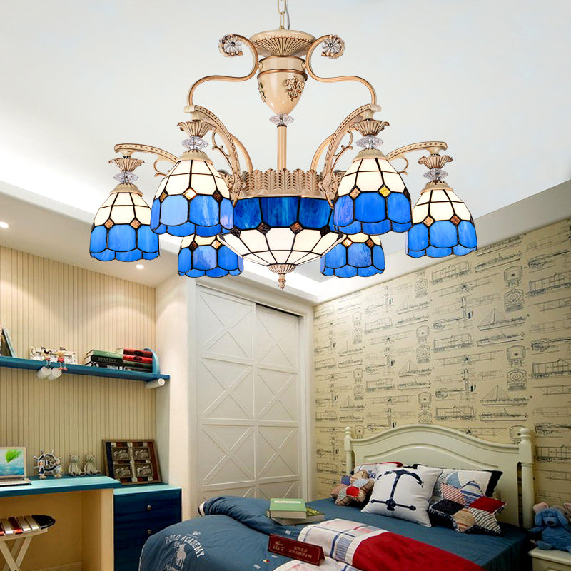 9-Light Chandelier Lighting Tiffany Grid Patterned Stained Glass Ceiling Lamp in Blue