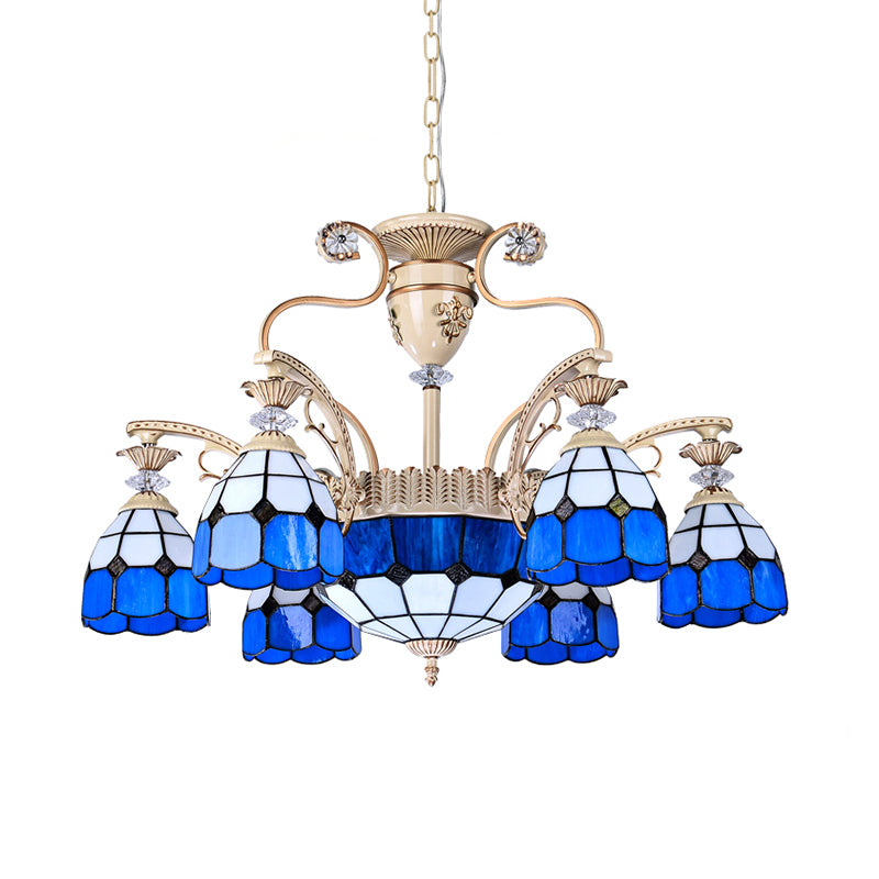 9-Light Chandelier Lighting Tiffany Grid Patterned Stained Glass Ceiling Lamp in Blue