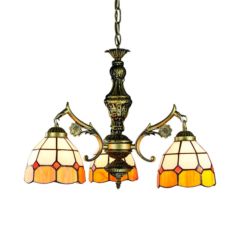 3/5/9/11 Lights Vintage Semi Globe Hanging Ceiling Light Stained Glass Indoor Lighting in Yellow for Library