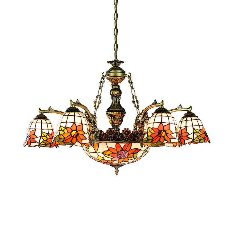 Tiffany Flared Chandelier 11-Light Stained Glass Hanging Ceiling Light in Antique Bronze with Geometric/Dragonfly/Sunflower Pattern