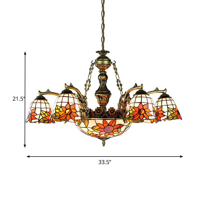 Tiffany Flared Chandelier 11-Light Stained Glass Hanging Ceiling Light in Antique Bronze with Geometric/Dragonfly/Sunflower Pattern