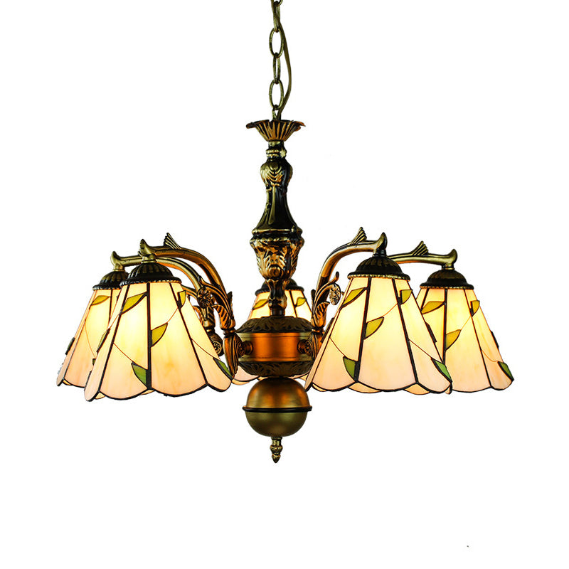 Curved Arm Chandelier Light with Hanging Chain and Leaf Glass Rustic 5 Lights Pendant Lamp in Beige
