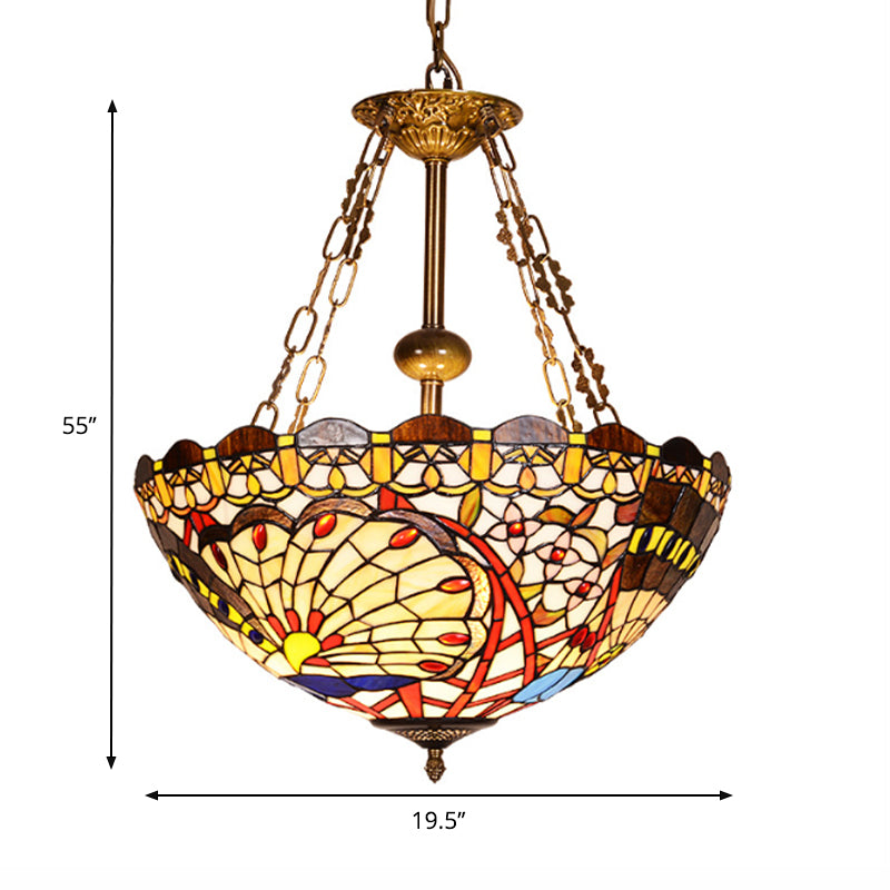 3 Bulbs Bowl Chandelier Lighting with Stained Glass Shade Victorian Pendant Light in Multi Color