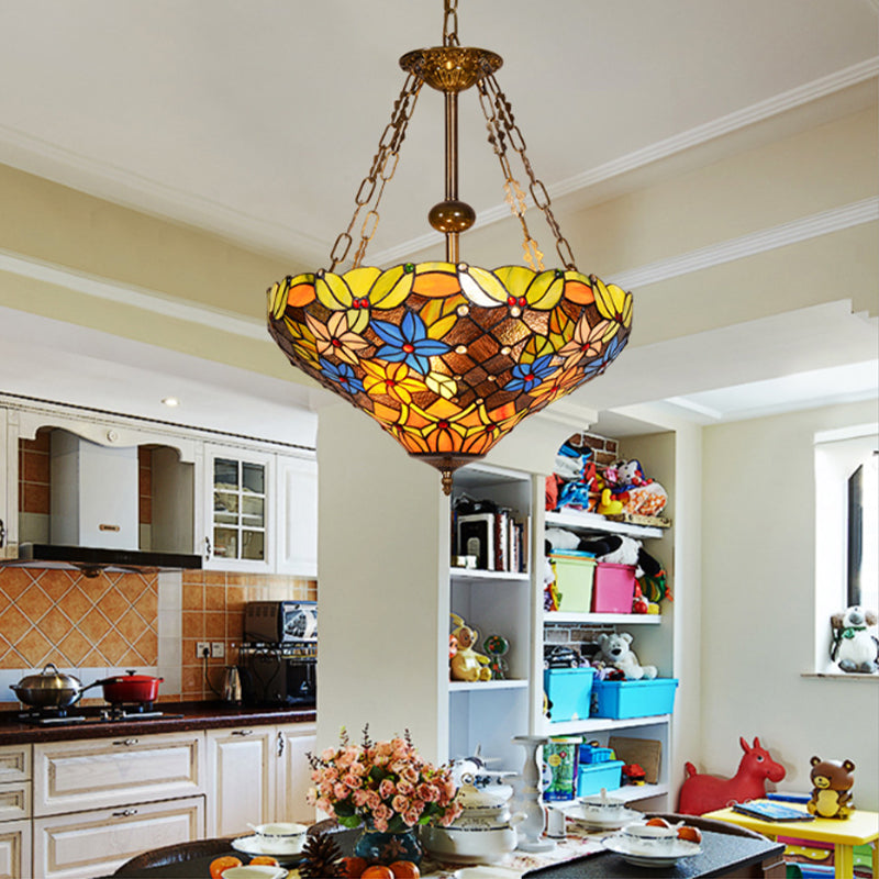 Lampada appesa floreale 3 lampadine colorate in vetro Tiffany Lodge Lampadella a soffitto in ottone antico finitura